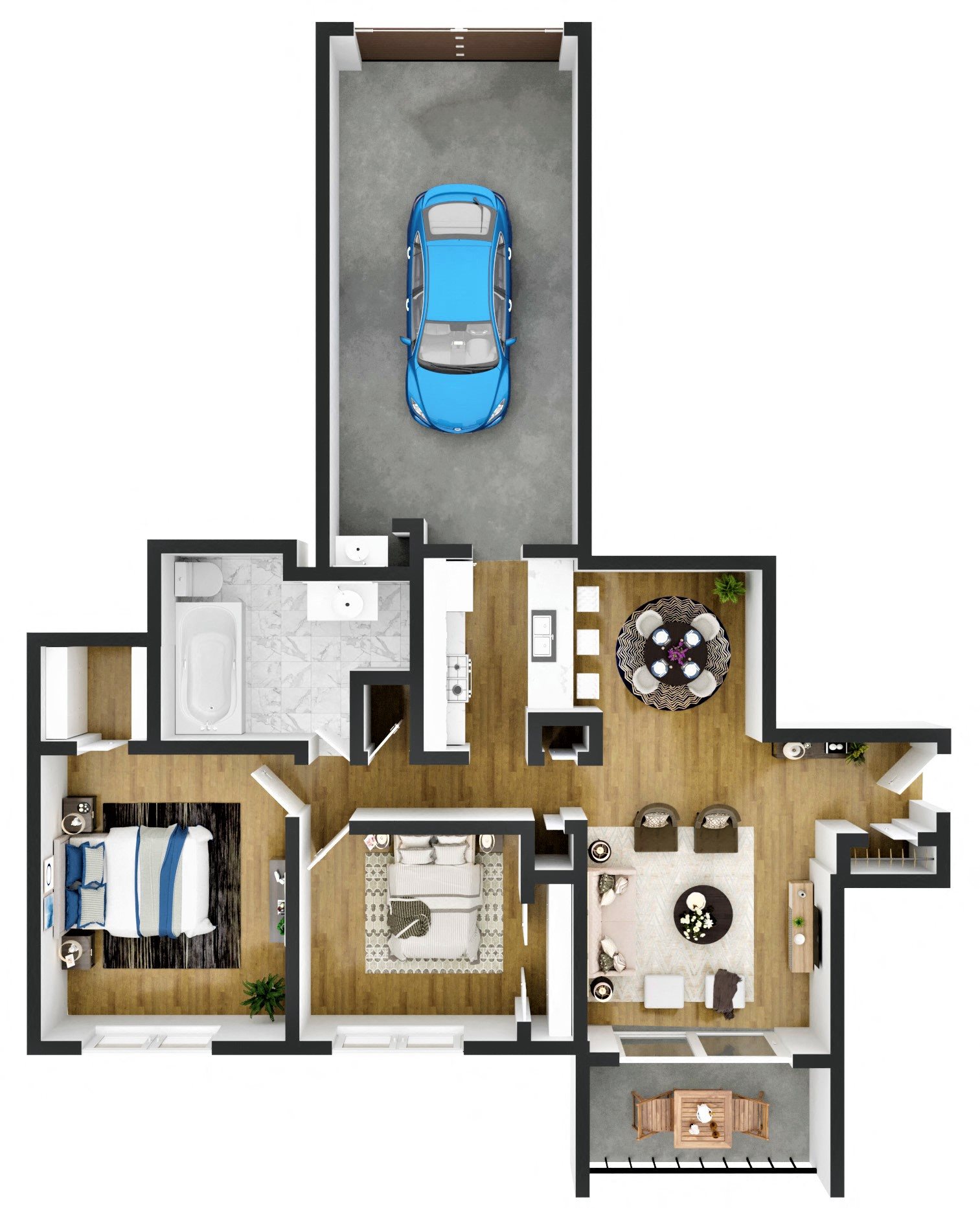 Two Bedroom 1 Bath with Garage (Downstairs) floor plan